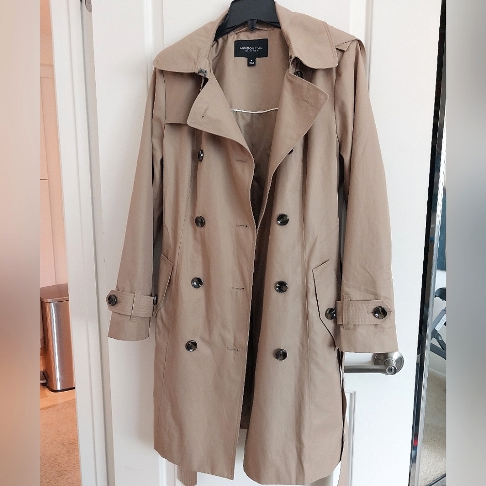 London Fog Double-Breasted Hooded Trench Coat, Medium|Khaki